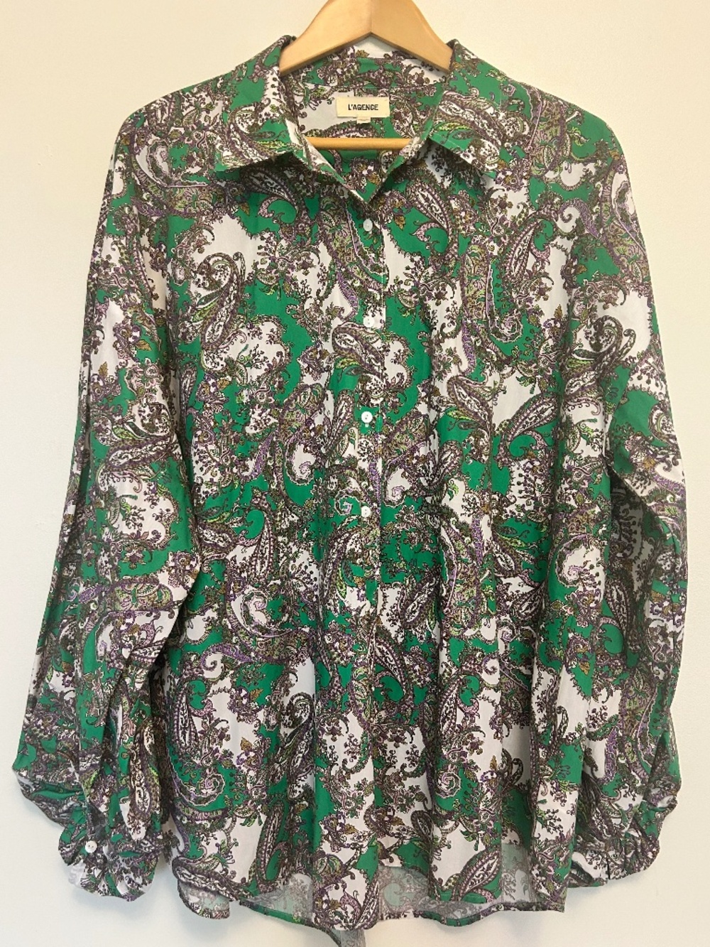 L'AGENCE Cotton Mickey Tunic Paisley Blouse Green Multi XL Balloon Long Sleeve
